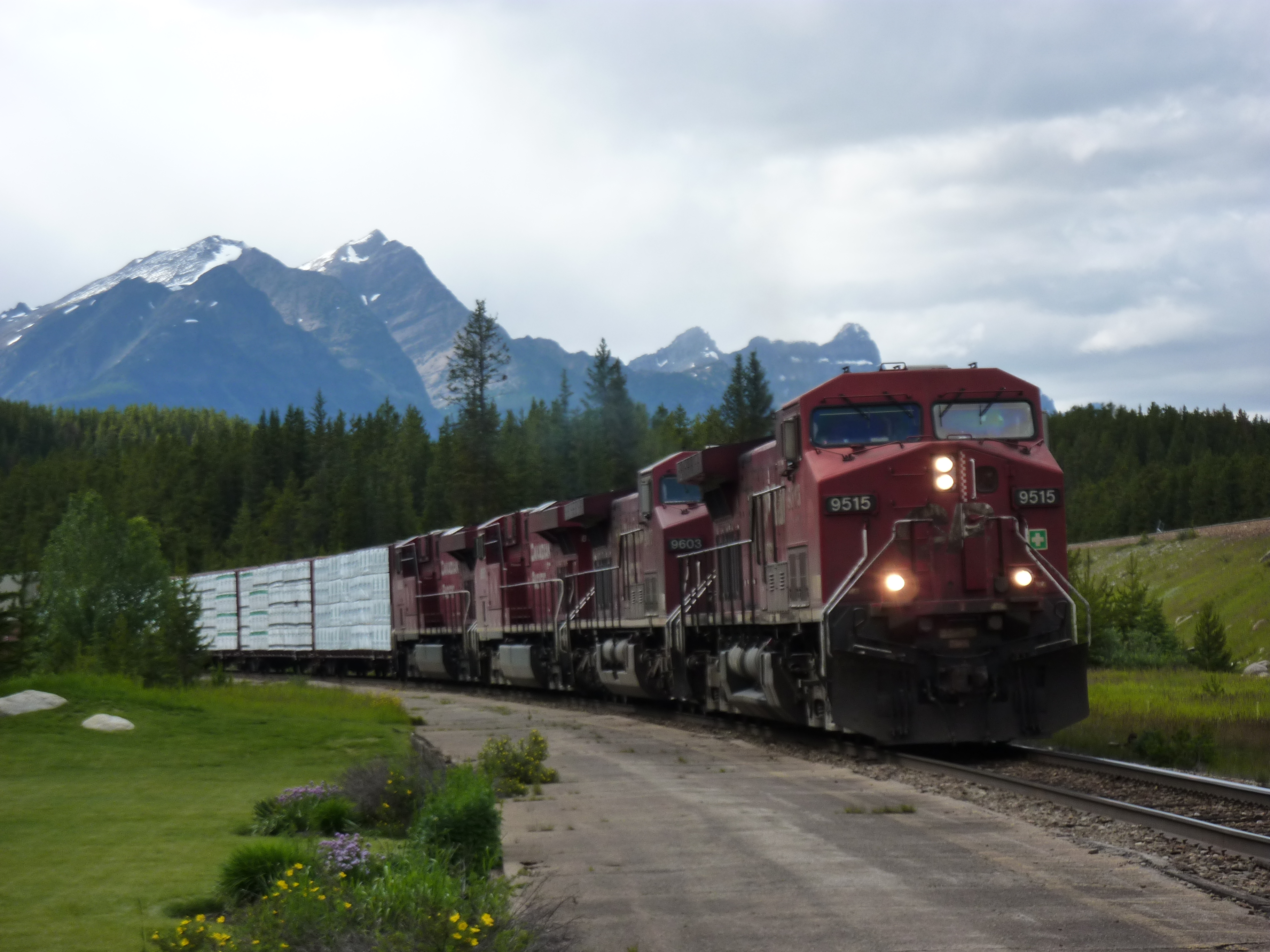 Four Canadian Pacific engines going through Lake Louise station