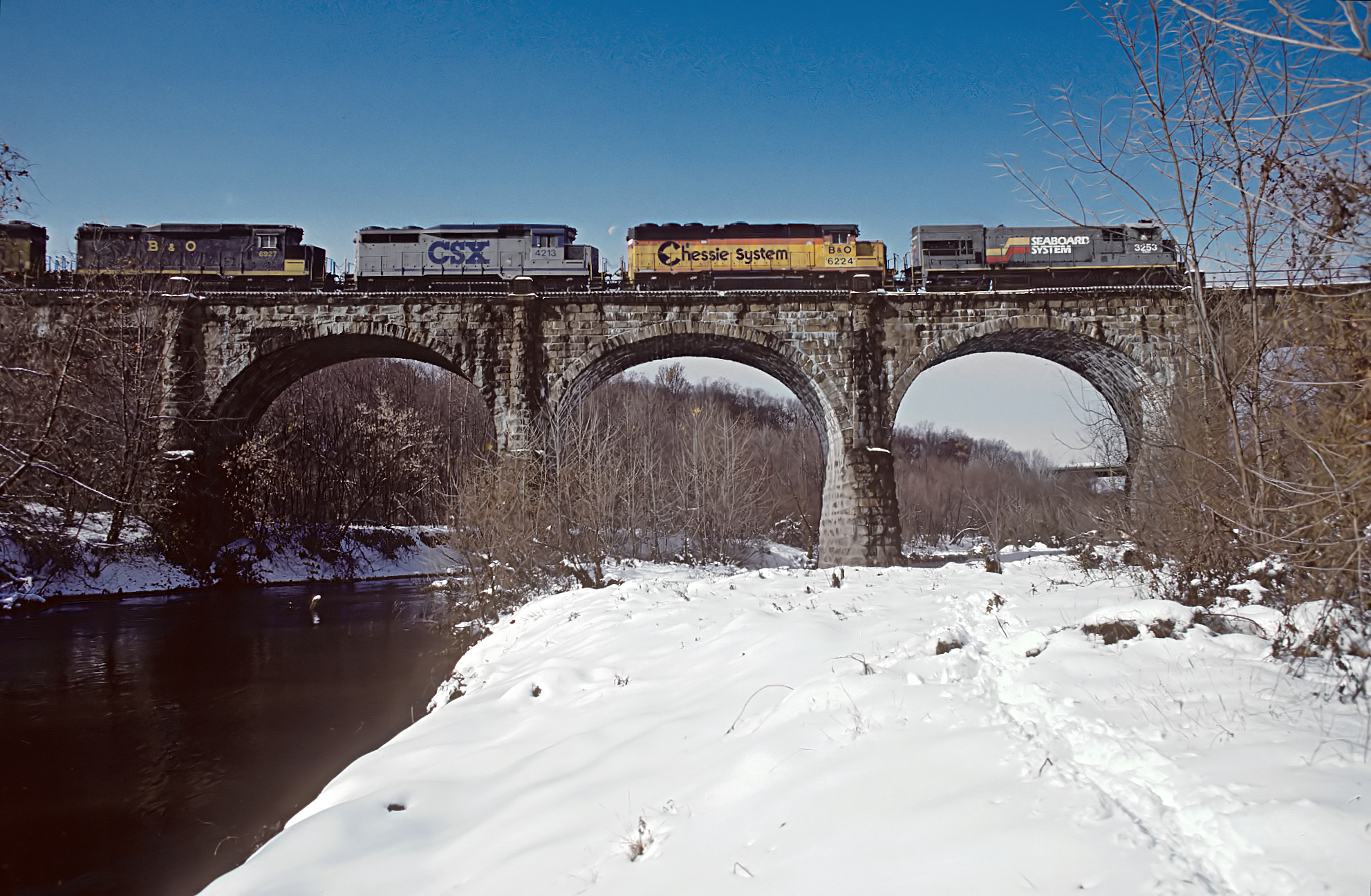 B&O Thomas Viaduct spans the Patapsco River and Patapsco Valley between Relay and Elkridge, MD on November 12, 1987