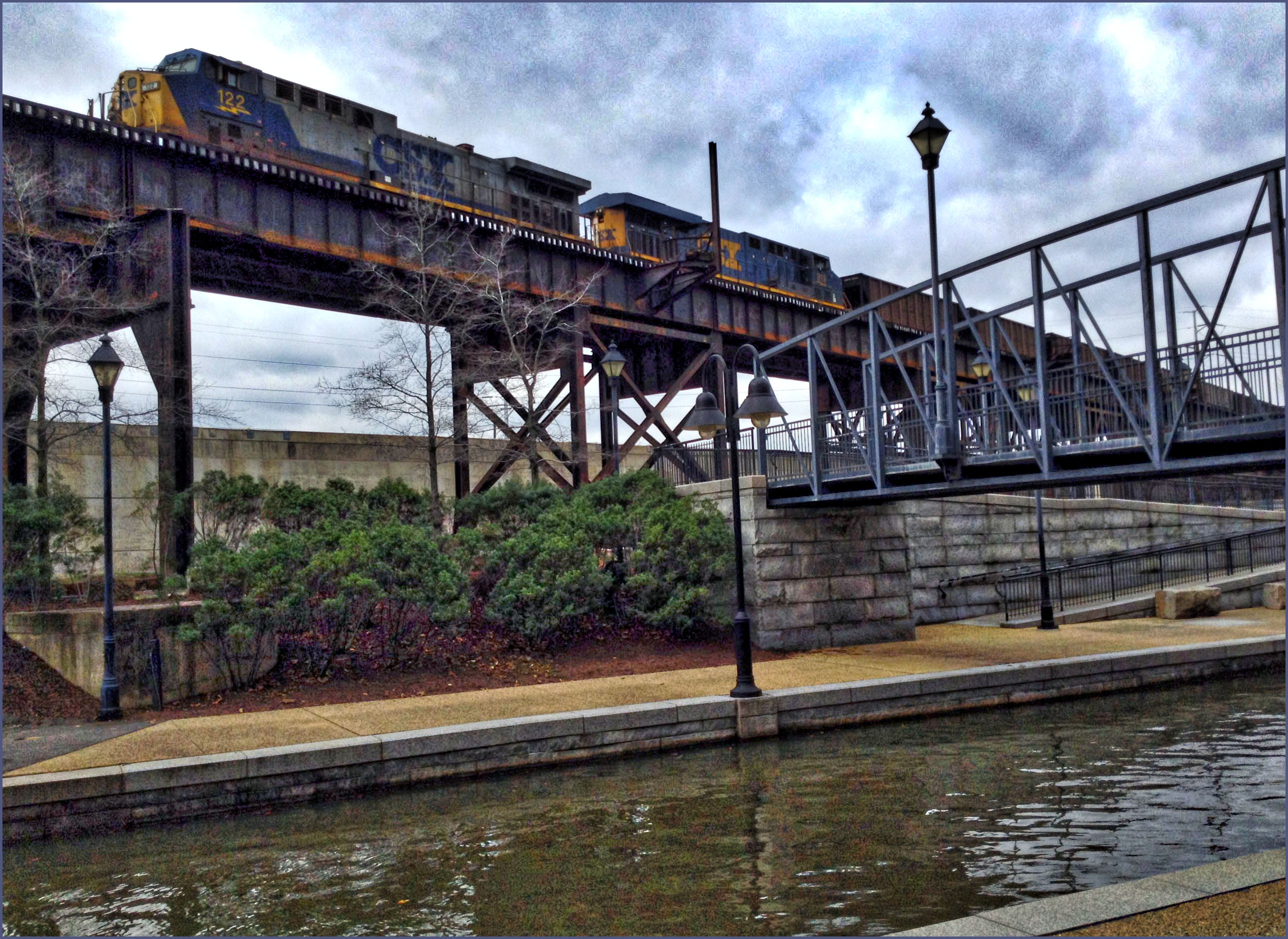 CSX Coal Train Approaching the 'Triple Crossing' -- Richmond (VA) Canal Walk April 2015