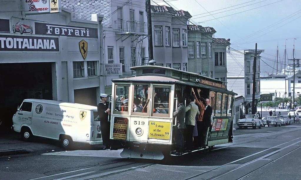 MUNI 519 single ended cable car on Hyde St. near Bay St. on the Powell - Hyde line in San Francisco on August 25, 1967