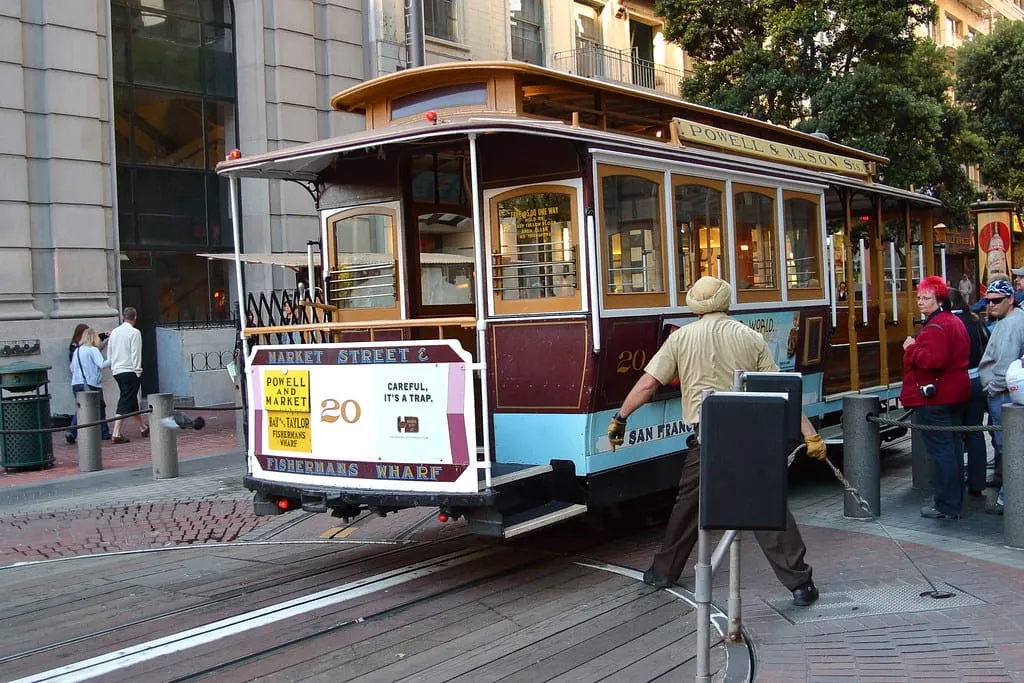 Cable Car Powell Hyde Line on turntable at Powell Street terminal at Market Street in downtown San Francisco, California