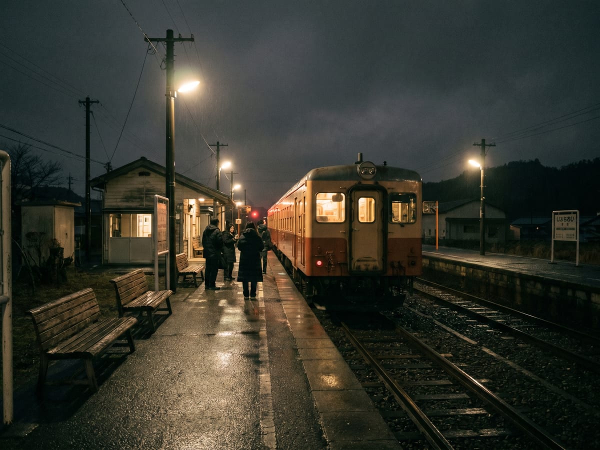 A vintage cream-and-red DMU stopped at a quiet rural station on a rainy night, warm tungsten platform lamps reflecting on the wet platform, passengers waiting to board