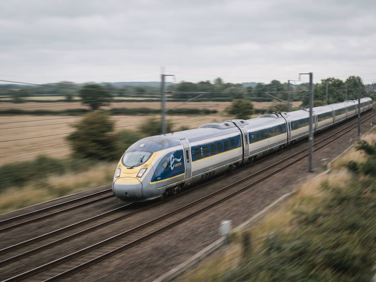 A high-speed passenger train captured in a panning shot — train razor-sharp from nose to last car while the trackside scenery streaks past in horizontal motion blur