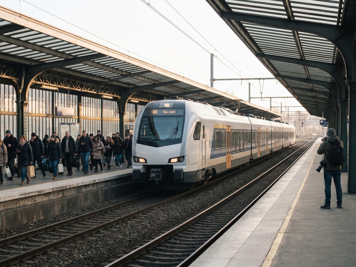 A busy morning commuter station with a modern electric multiple-unit just arrived, passengers streaming along the platform, soft sunrise light filtering through the canopy