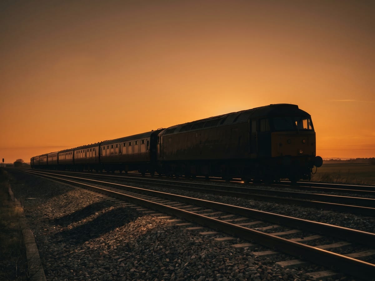 A diesel locomotive and passenger train silhouetted against a deep amber golden-hour sky, rails leading the eye into the frame, classic warm sunset railway photography
