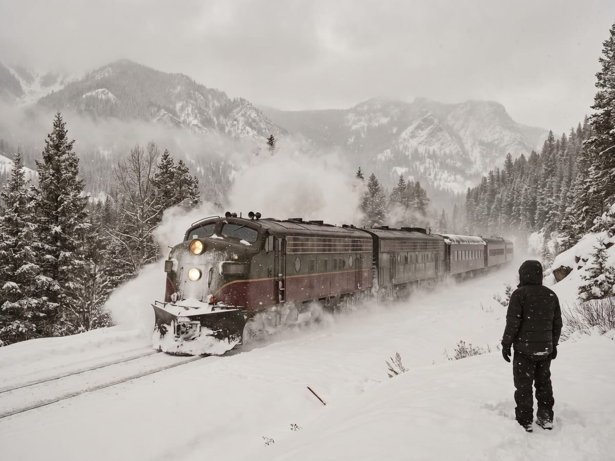 A vintage diesel locomotive with snowplow cutting through heavy alpine snowfall, mountains shrouded in winter mist, a lone observer in the foreground for scale
