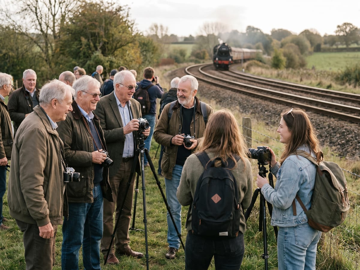 A diverse group of railfans of varied ages and genders chatting and laughing together at a trackside spot, train approaching in the background, welcoming community atmosphere