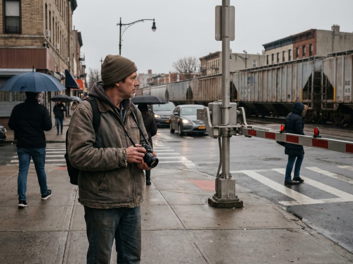 A solo railfan with a small camera kit standing unobtrusively on a wet city sidewalk near an urban level crossing, freight train passing behind the gates