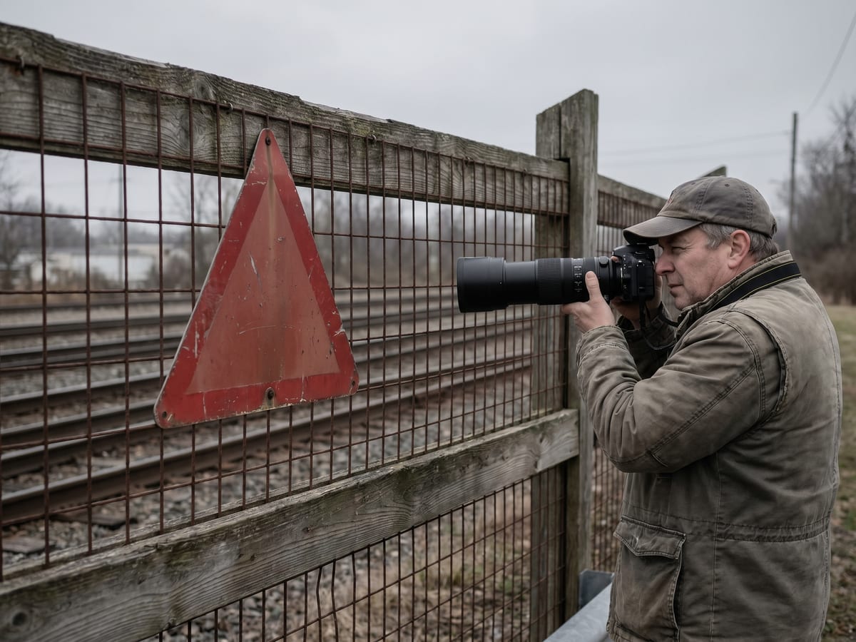 A railfan photographing through a property fence with a generic red triangular warning sign, staying respectfully on the public side of the railway boundary