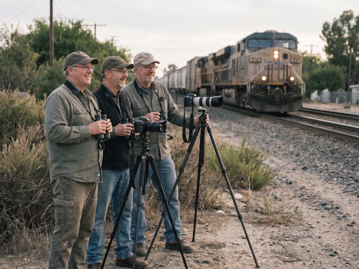Three smiling railfans standing side by side at a trackside vantage point with cameras and tripods, watching together as a freight locomotive approaches