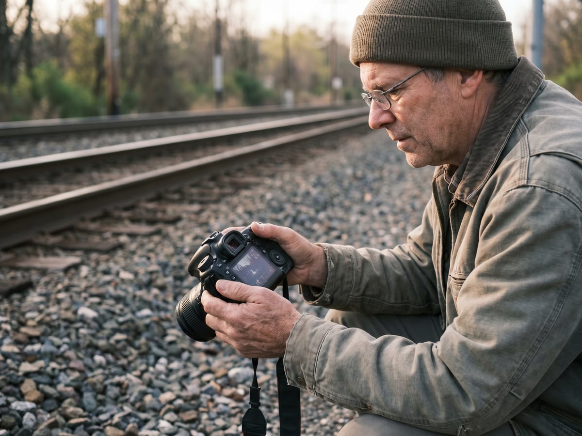 A railfan kneeling beside the tracks reviewing photos on the back LCD of a DSLR camera, contemplative moment of editing before sharing online