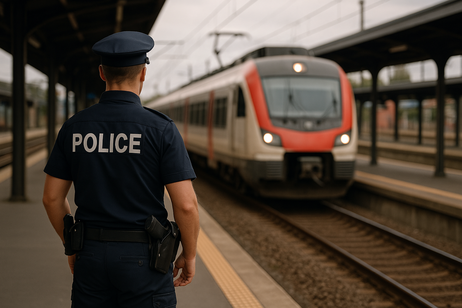 Police or security speaking to trainspotter