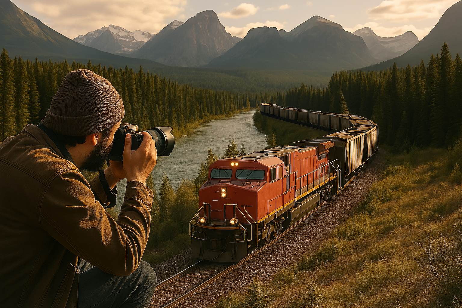 Trainspotter with camera at safe distance