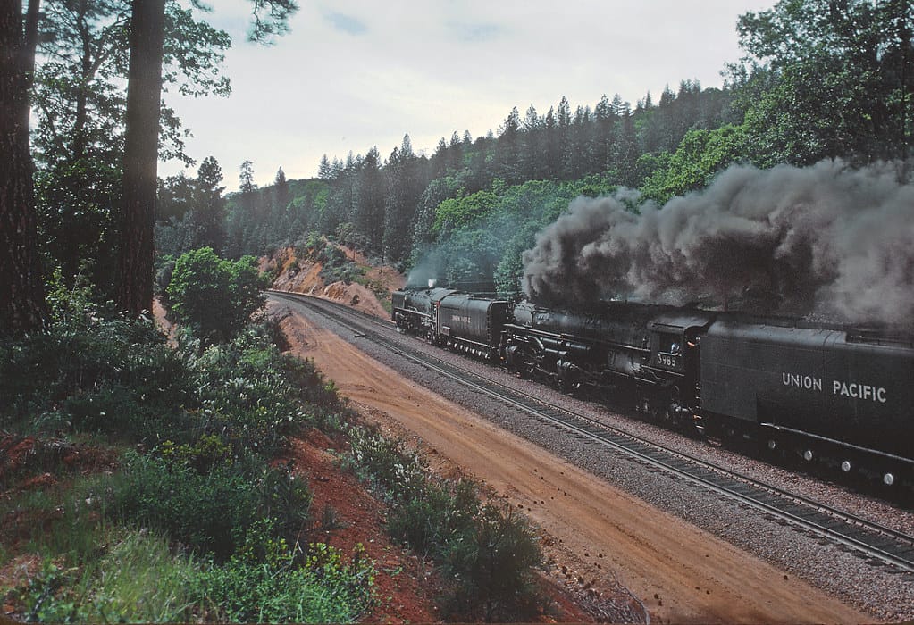 This is the first of a five photo sequence of UP 8444 and 3985 steaming to the First CSRM Sacramento Railfair in May 1981