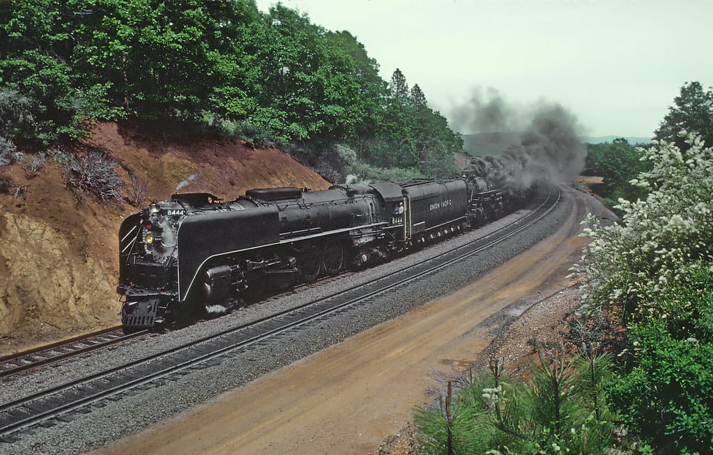 This is the first of a five photo sequence of UP 8444 and 3985 steaming to the First CSRM Sacramento Railfair in May 1981