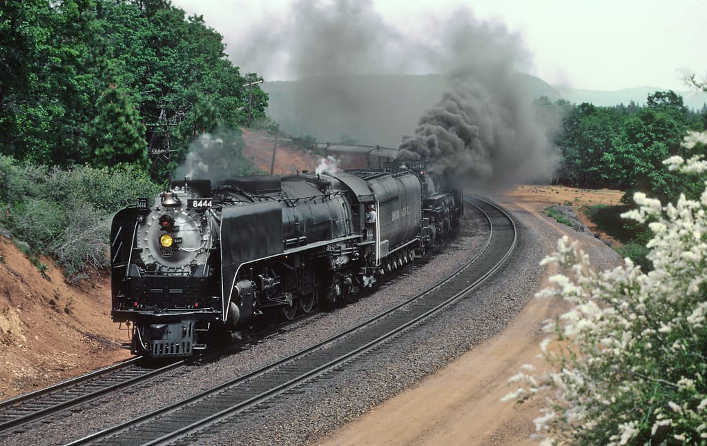 This is the first of a five photo sequence of UP 8444 and 3985 steaming to the First CSRM Sacramento Railfair in May 1981