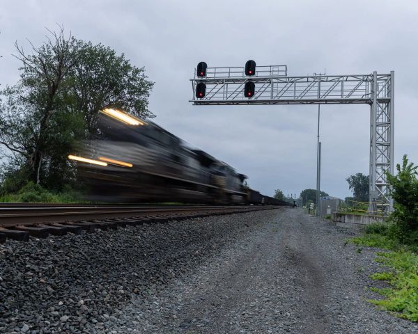 Westbound Norfolk Southern freight speeding towards Bayview drawbridge near Sandusky, OH.